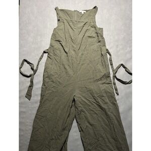 Uniqlo Womens Size M Olive Linen Blend Jumpsuit Pinstripe Pattern Sleeveless
